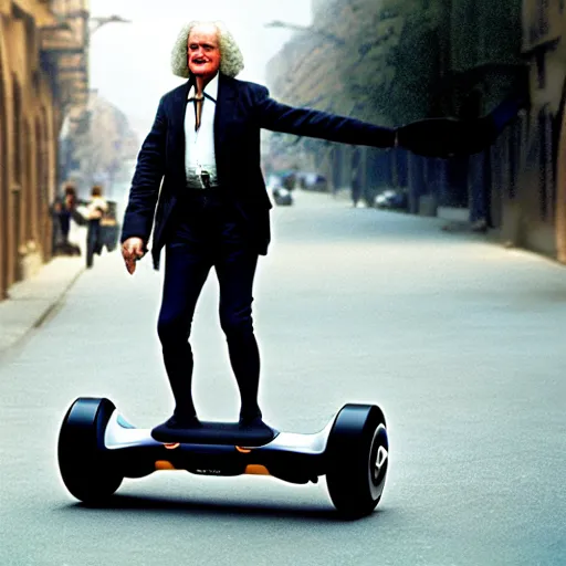 Image similar to uhd photorealisitc candid photo of sir isaac newton on a hoverboard. correct face, accurate face. photo by annie leibowitz and steve mccurry