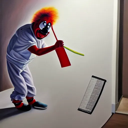 Image similar to hyperrealism painting from the housefly perspective getting swatted at from an angry clown man with a fly swatter in the kitchen