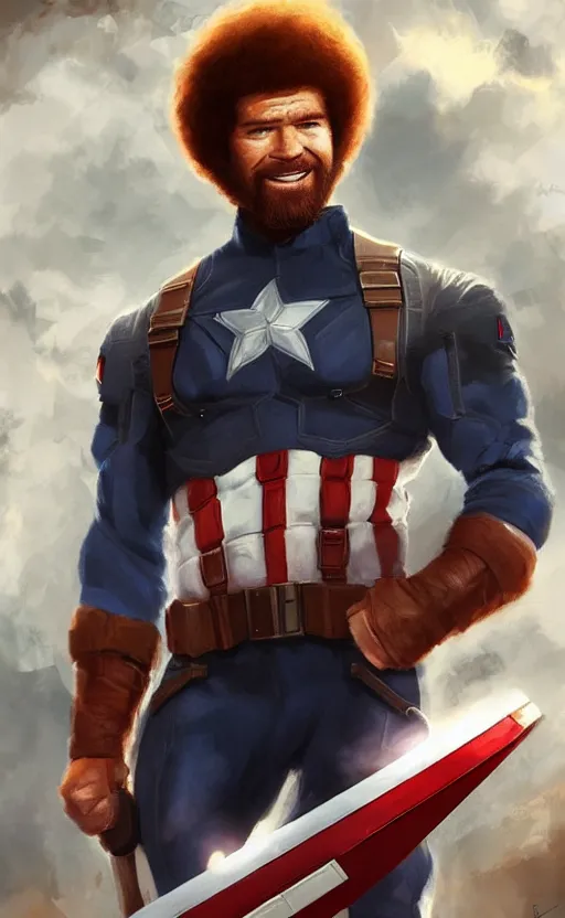 Image similar to bob ross as captain america, dynamic lighting, cinematic, ultra detailed, trending on art station, stunning visuals, creative, fantasy concept art