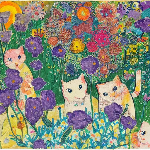 Prompt: a group of cat playing in a garden of flowers, a mix media painting by Victo Ngai, laurel burch and Leonardo da Vinci and Natalia Goncharova, cluttered , child's drawing