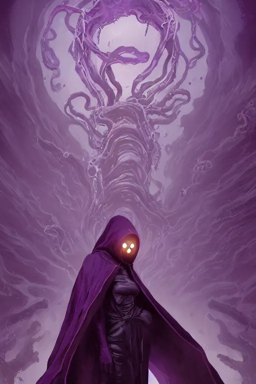 Prompt: A full body portrait of a mysterious character with no face with a very long hooded dark purple cloak tentacles coming out the ground art by Maciej Kuciara and Jason Chan, ominous, cosmic horror, trending on artstation, Ultra detailed, hyper realistic 4k