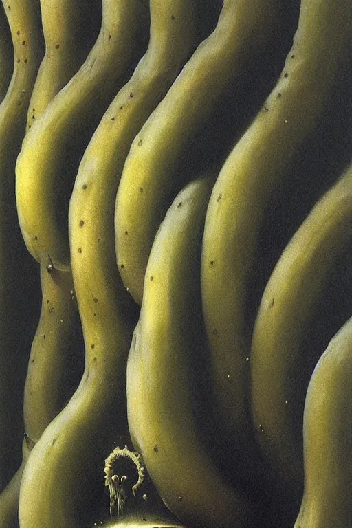 Image similar to cosmic horrors on my giant banana, close up of a banana, by zdzislaw beksinski, by dariusz zawadzki, by wayne barlowe, gothic, surrealism, cosmic horror, lovecraftian, cold hue's, warm tone gradient background, concept art, beautiful composition