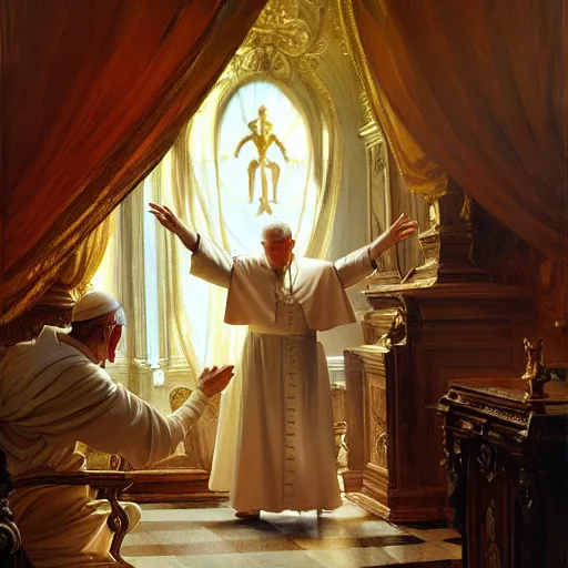 Image similar to the pope wakes up is his bed, sweating, nervous and terrified, a double horned shadow demon lurks in the curtains of the papal bedroom. highly detailed painting by gaston bussiere, j. c. leyendecker, greg rutkowski, craig mullins 8 k
