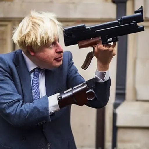 Image similar to dog holding a gun, aiming at boris johnson