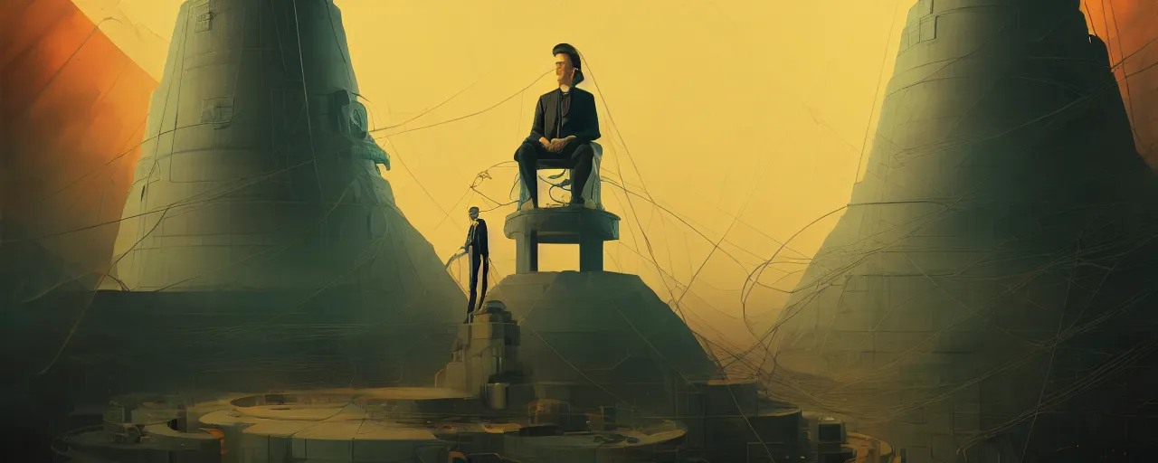 Image similar to duotone astonishing illustration 3 / 4 portrait of nicola tesla sitting wardenclyffe tower. cinematic science fiction lighting. golden ratio accidental renaissance. by sachin teng and sergey kolesov and ruan jia and heng z. graffiti art, scifi, fantasy, hyper detailed. octane render. concept art. trending on artstation