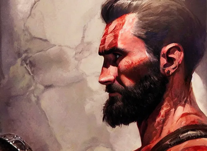 Image similar to a highly detailed beautiful portrait of adam levine as kratos, by gregory manchess, james gurney, james jean