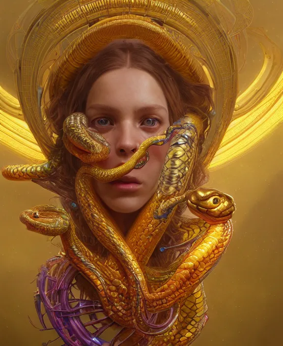 Image similar to intricate colorful golden portrait of a terrifying beautiful alien snake creature, mottling coloring, adorable, childlike, medical equipment hospital environment, ultra realistic, concept art, art nouveau, photorealistic, octane render, 8 k, unreal engine. art by christopher marley and artgerm and greg rutkowski and alphonse mucha