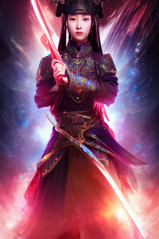 Image similar to beautiful cinematic fantasy poster, wuxia sword dance heroine, beautiful glowing galaxy eyes, hybrid from Dynasty Warriror and art direction by tian zi, WLOP, Darius Zawadzki cinematic quality character render; low angle; ultra high quality model; production quality cinema model;