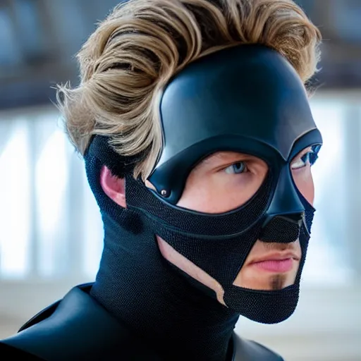 Prompt: medium face shot of adult Austin Butler !!!!with exposed head!!!!, dressed in black-prussian blue futuristic-tudoresque clothing with Harkonnen-Ram-embroidery, and nanocarbon-vest, in an arena in Dune 2021, XF IQ4, f/1.4, ISO 200, 1/160s, 8K