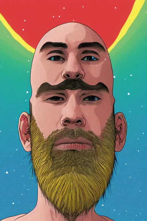 Image similar to a colorful closeup portrait of a beautiful young bald man with a very long wild beard dreaming psychedelic hallucinations in the vast icy landscape of antarctica, by kawase hasui, moebius and edward hopper, colorful flat surreal design, hd, 8 k, artstation