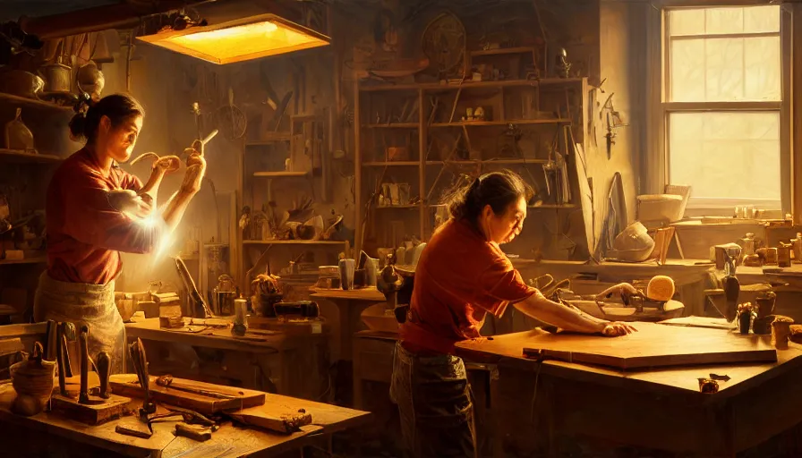 Prompt: highly detailed oil painting | very intricate | cinematic lighting | award - winning | craftsman | building a piece of furniture in their workshop | beautiful cinematic light, american romanticism, by huang guangjian, gil elvgren, ruan jia, randy vargas, greg rutkowski, artstation, cgsociety, official art, octane