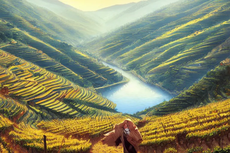 Image similar to douro valley, highly detailed, digital painting, art by artgerm and greg rutkowski