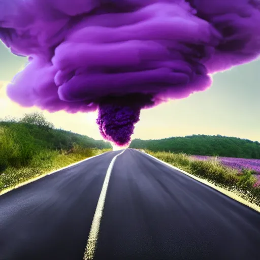 Image similar to purple mushroom cloud, white minivan driving down road, realism, 4k, photograph