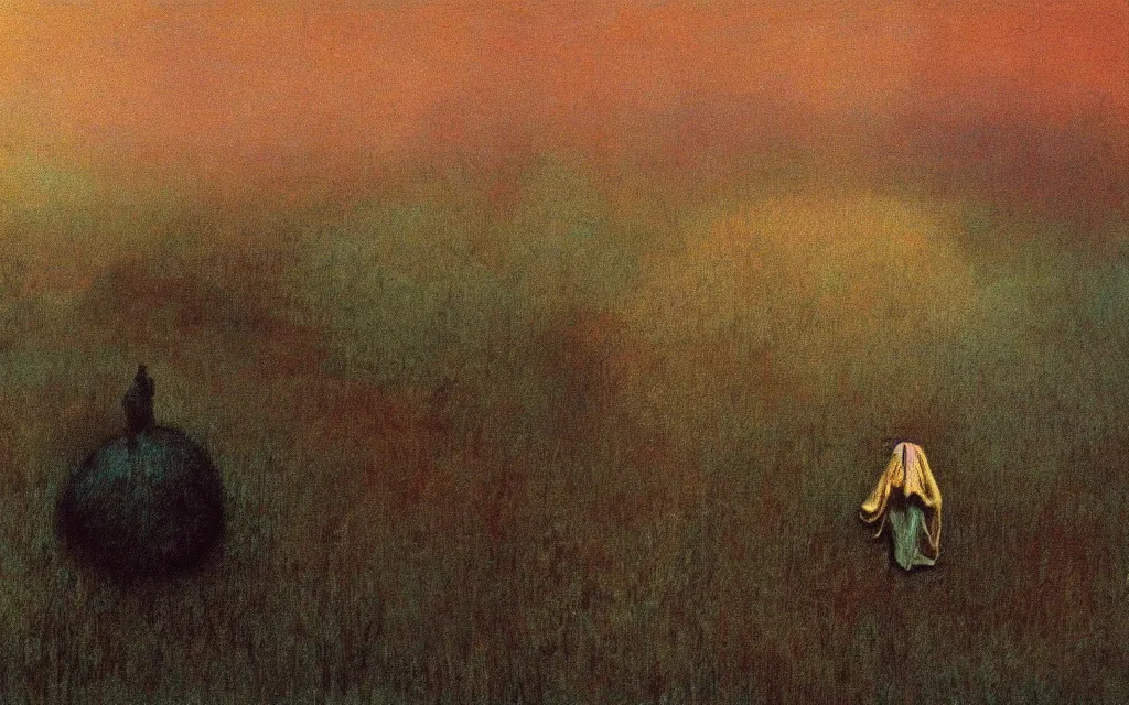 Prompt: colorized movie still from haxan, oil painting by zdzisław beksinski, iridescent color palette chromatic aberration