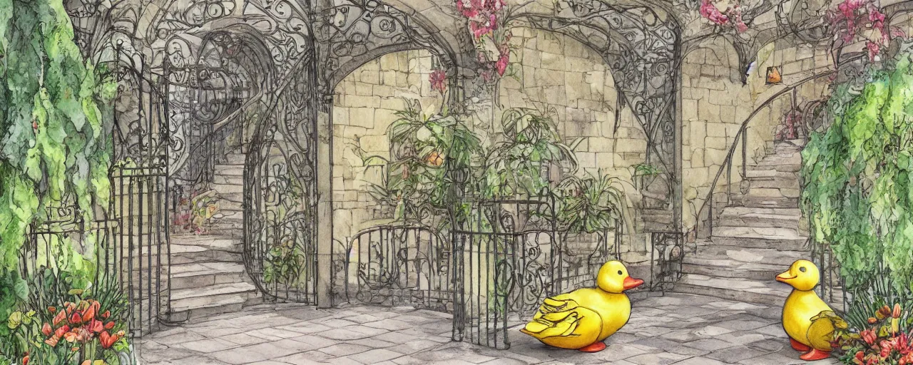 Prompt: courtyard walkway, rubber duck at center, castle, stairway, chairs, wrought iron, gate, botanic garden, botanical herbarium paper, watercolor colored painting, iridescent colors, realistic shaded, fine, artstation, italian style, colonnade ornate headdress, craving, carved, insanely detailed