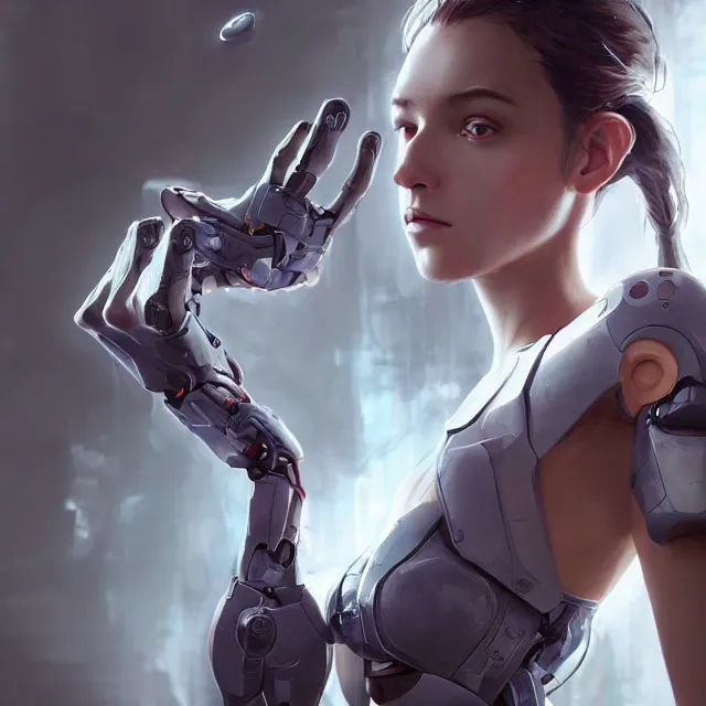 Image similar to girl with giant cyborg hands, cgsociety