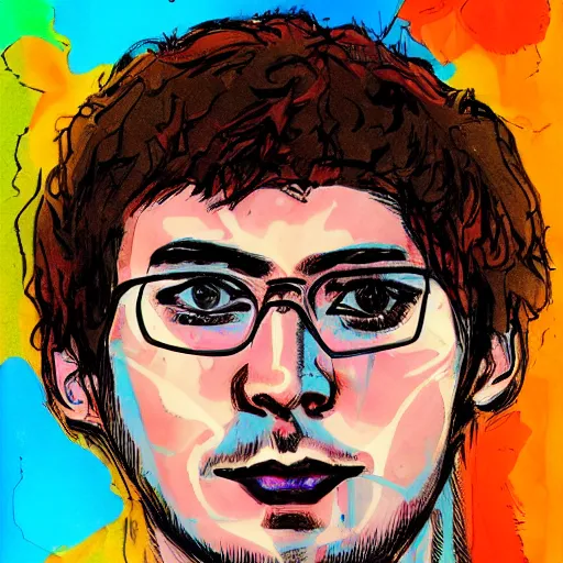 Image similar to a head - on comic - style colorful portrait of a 2 0 - something engineering student, brown messy hair, by laurie greasly