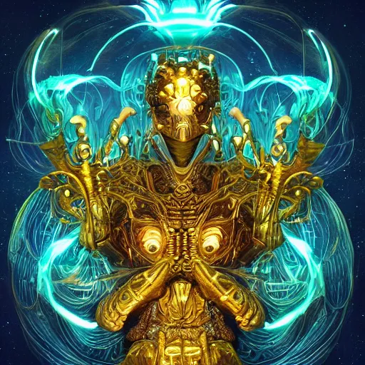 Prompt: 3 d portrait with hyperdimensional mycorrhizal fungal implants. beautiful intricately detailed alchemical retrowave golden armor. glowing bio luminescent outline, storm, pulse projections, plasma, creature, artwork by tooth wu and wlop and android jones and beetle and greg rutkowsk