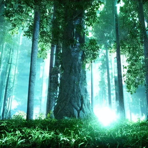 Image similar to an holographic forest floating in space, cinematic, beautiful, unreal engine 5, movie still