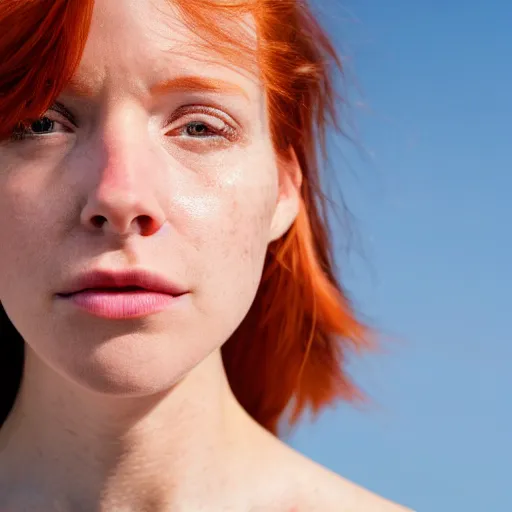 Image similar to close up photo of the left side of the face of a redhead woman who looks directly at the camera. Slightly open mouth. Whole head visible and covers half of the frame, with a park visible in the background. 135mm nikon. Intricate. Very detailed 8k. Sharp. Cinematic post-processing.