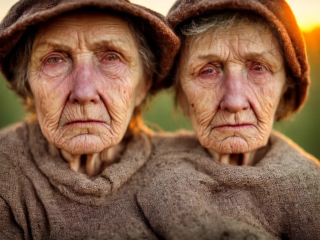 Image similar to close up portrait bust of old woman sitting on fence, tired expression, faded color film, russian cinema, tarkovsky, technicolor, heavy forest, wood cabin in distance, shallow depth of field, long brown hair, old clothing, heavy fog, brown color palette, sunset, low light, hudson river school, 4 k, dramatic lighting