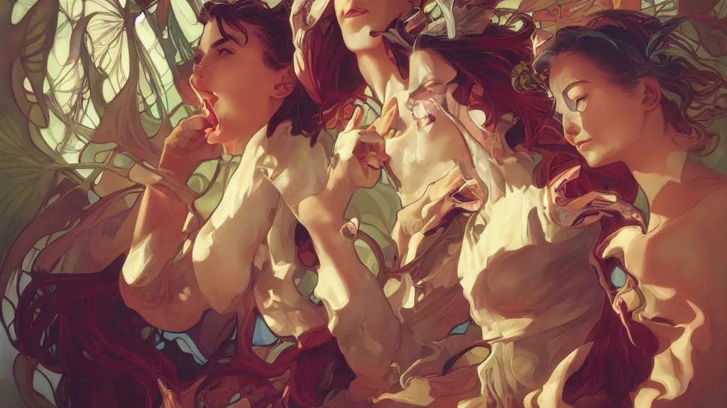 Image similar to eating by an alien digital artwork by artgerm and wlop and alex ross and alphonse mucha, trending on artstation