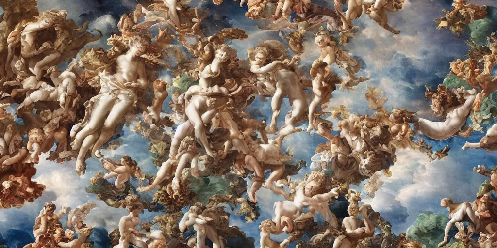 Prompt: END OF ALL, tilt shift, prismatic, italian masterpieces, painted marble sculptures, baroque, beautiful, gracious, pagans, marble, clouds, sun, fruits, bioluminescent skin, ultra detailed