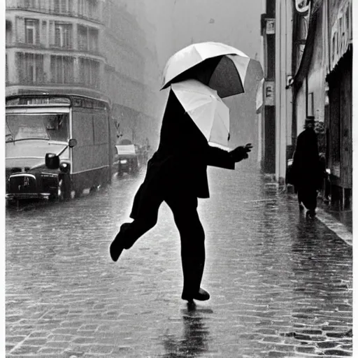 Image similar to the man leaping with an umbrella in a raining paris street, by henri cartier bresson,