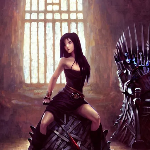 Image similar to a painting of tifa from final fantasy 7, in kings landing from game of thrones, sitting majestic on the iron throne, by greg rutkowski, artgerm, wlop, ruan jia, krenz cushart, alphonse mucha, marble, gold, unreal engine 5