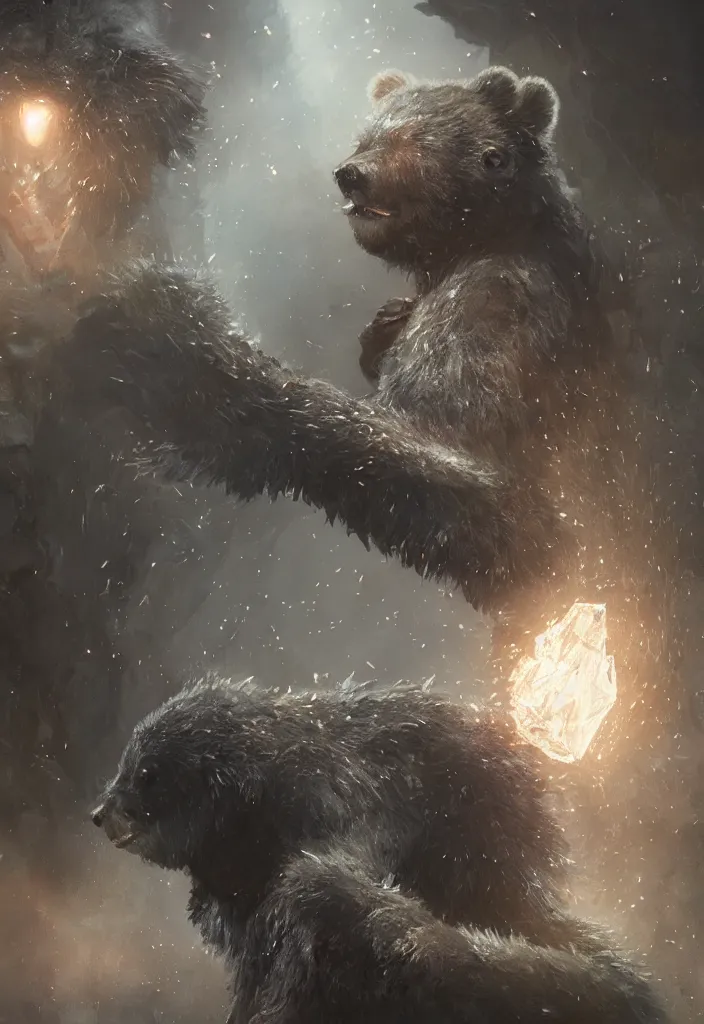 Image similar to a small crystal bear trinket by greg rutkowski, sung choi, mitchell mohrhauser, maciej kuciara, johnson ting, maxim verehin, peter konig, bloodborne, 8 k photorealistic, cinematic lighting, hd, high details, dramatic, dark atmosphere, trending on artstation