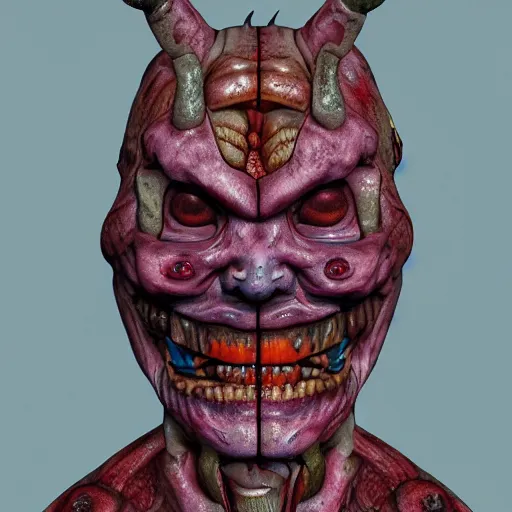 Image similar to japanese demon with deconstructed organs, face, bust, anatomical description, low pastel coloration, complex lights, highly detailed, 8 k
