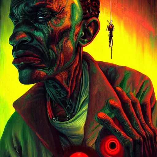 Image similar to a death tarot featuring a haitian voodoo priest with menacing eyes, blacklight neon colors, by anton semenov and android jones in cyberpunk voodoo style, oil on canvas, 8k