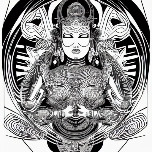 Prompt: vector line art cyberpunk cyborg Tibetan multi armed bodhisattva, golden ratio, sharp linework, clean strokes, sharp edges, flat colors, hyper realism, character design art by Joe Fenton, shepard fairey, trending on artstation