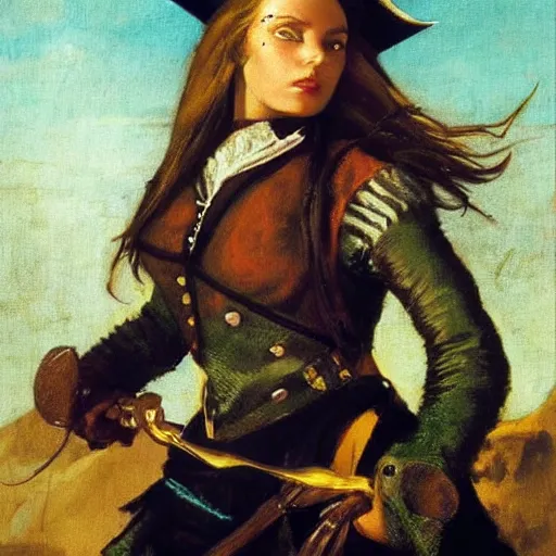 Image similar to a pirate with iridescent skin, irridescent shark colored makeup, her stance is Swashbuckling, art by courbet