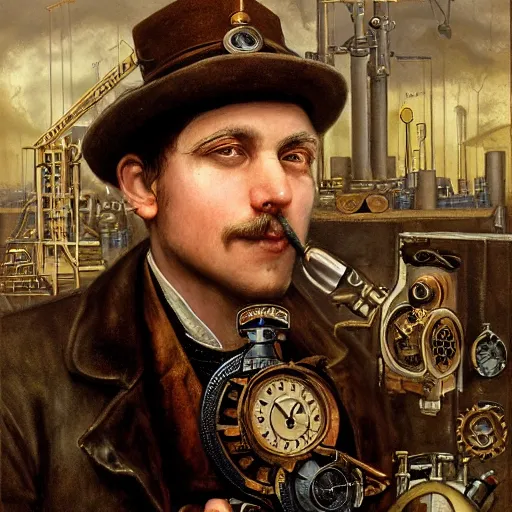 Image similar to portrait of a steampunk engineer, by howard david johnson