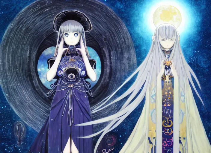 Prompt: full body portrait of the moon priestess, enchanted, dark, moon, magic, digital, concept art, Kyoto animation,last exile, blue submarine no. 6, katsura masakazu,tsutomu nihei, gustav klimt,loish, murata range, kawaii, studio lighting, manga, bright colors, anime,beautiful, 35mm lens,noir, vibrant high contrast, gradation, jean giraud, moebius, fantasy, rule of thirds, unreal engine, fibonacci, intricate, cel shaded, blender npr, flat, matte print, smooth, pop art