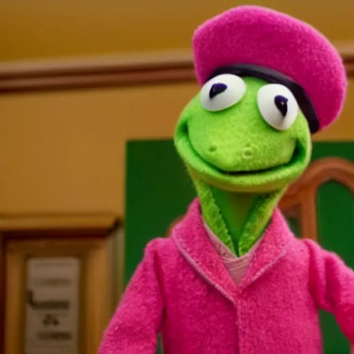 Prompt: a still of kermit the frog, from the grand budapest hotel ( 2 0 1 4 )