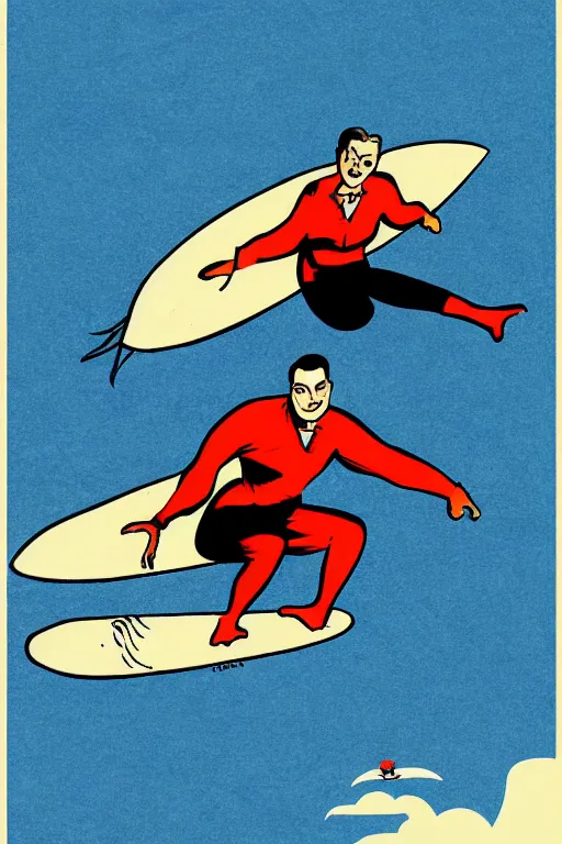 Prompt: a drawing of a man on a surfboard in the air, a comic book panel by dali, unsplash, retrofuturism, soviet propaganda, concert poster, poster art