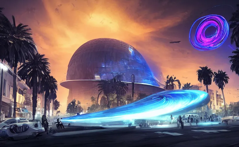 Prompt: people with posters attacking cops, a huge blue spiral - shaped white luminous attractor is floating on the horizon near the sun, stores in los angeles with light screens all over the street, concept art, art for the game, professional lighting, dark night lighting from streetlights