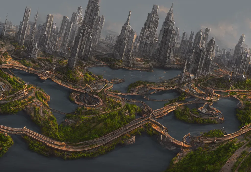 Image similar to wide shot, establishing shot of a modern day dungeons and dragons city with a river, trending on artstation, digital art, 4 k, 8 k