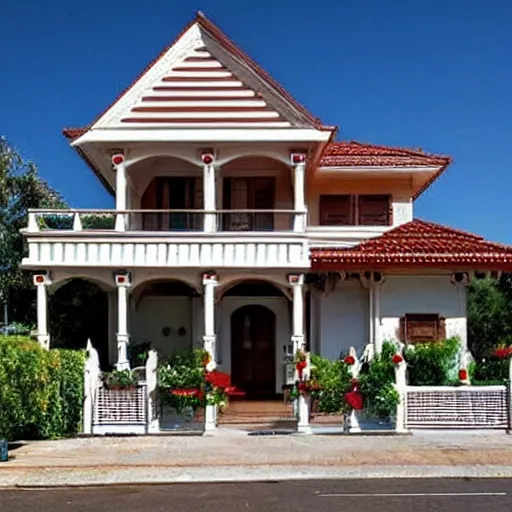 Prompt: From the outside this house looks nice and traditional. It has been built with white stones and has mahogany wooden decorations. Small, rectangular windows add to the overall look of the house and have been added to the house in a very symmetric way. The house is equipped with a huge kitchen and two bathrooms, it also has a huge living room, five bedrooms, a roomy dining area, a library and a cozy garage. The building is shaped like an L. The extension extends into a covered patio circling around half the house. The second floor is bigger than the first, which creates several overhanging parts on several sides of the house. This floor has roughly the same style as the floor below. The roof is high and square shaped and is covered with rounded roof tiles. One small chimney pokes out the center of the roof. There are no windows on the roof. The house itself is surrounded by paved ground, with a small pond at one side and various potted plants all around the house.