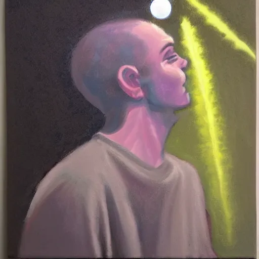 Prompt: An orb of light orbiting around a man's head, oil on canvas painting, pastel colours