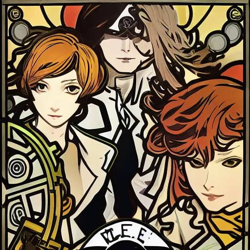 Prompt: persona 4 investigation team by alphonse mucha