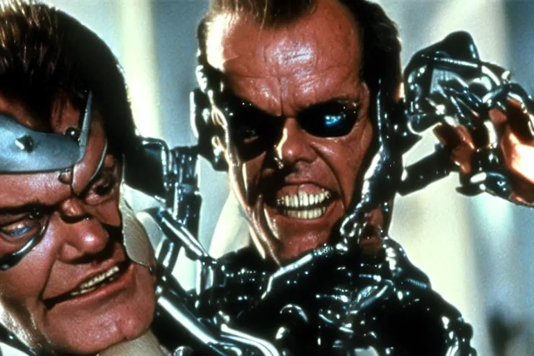 Image similar to Jack Nicholson plays Terminator, scene where his endoskeleton gets exposed, still from the film