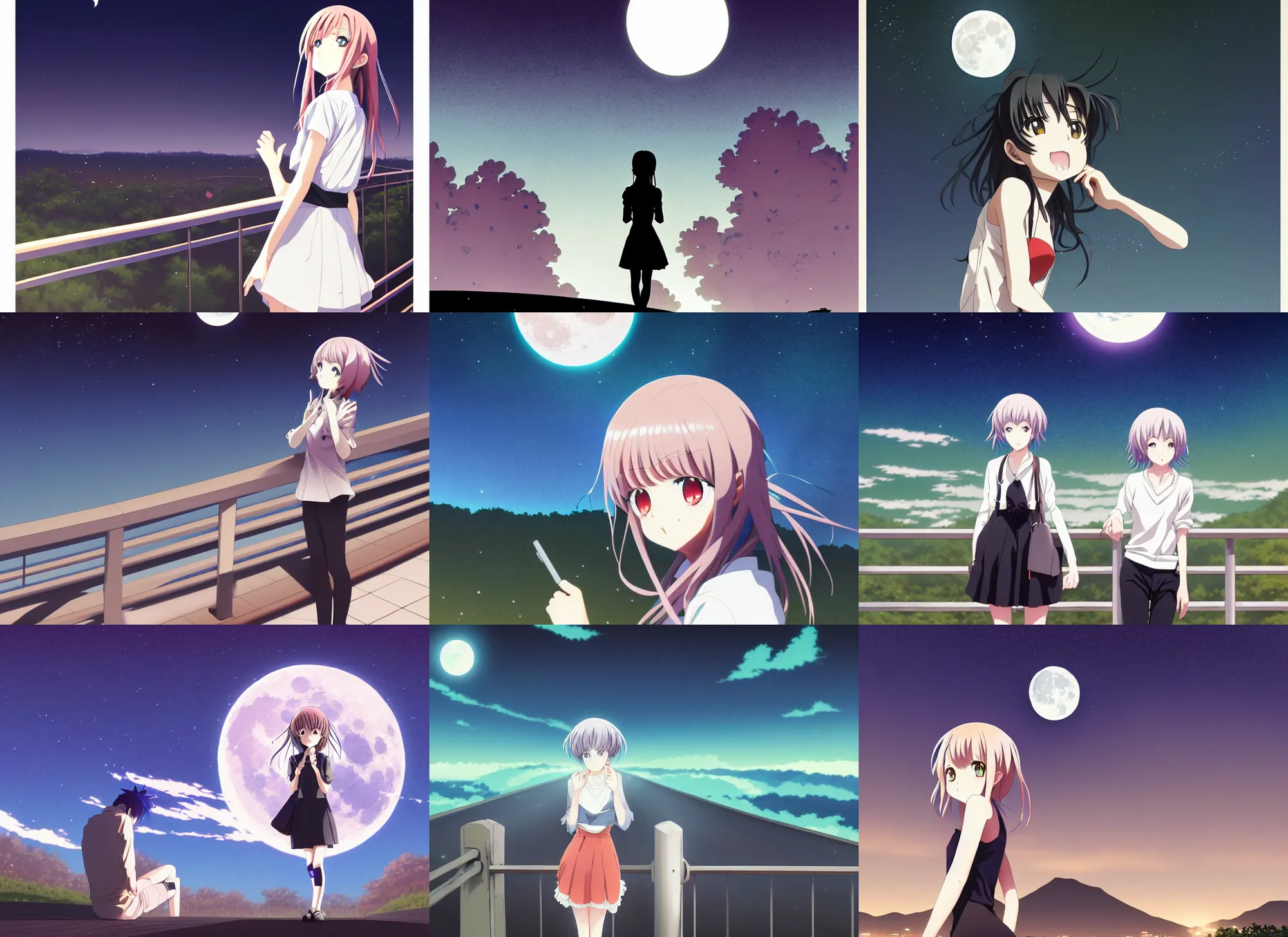 Prompt: anime visual, dark portrait of a young woman sightseeing at midnight overlook from the park exterior, moon, guardrail, cute face by yuya nagai, yoh yoshinari, katsura masakazu, ilya kuvshinov, dynamic pose, dynamic perspective, cel shaded, flat shading, rounded eyes, realistic proportions, dramatic, detailed facial features