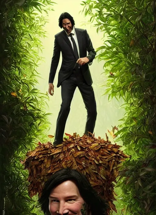 Image similar to highly detailed comedy caper movie poster with silly wacky zany keanu reeves as a sentient pile of leaves, keanu reeves green face as a sentient leafy bush by greg rutkowski, masterpiece, really funny, 1 0 / 1 0 comedy