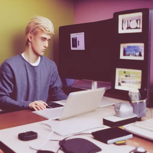 Prompt: kodak portra 4 0 0 photograph of a skinny blonde guy sitting at a 9 0 s computer screen, messy desk, back view, moody lighting, telephoto, 9 0 s vibe, blurry background, vaporwave colors!, faded!,