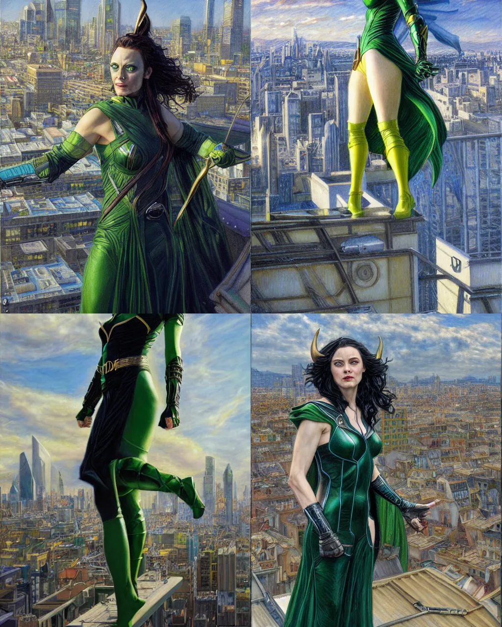 Prompt: sylvie laufeydottir, lady loki from marvel, standing on a rooftop, highly detailed, by donato giancola