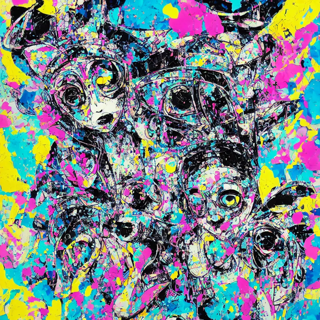 Image similar to person wearing bunny ear hat, abstract, jet set radio artwork, ryuta ueda artwork, cryptic, rips, spots, asymmetry, stipple, lines, glitches, color tearing, pitch bending, stripes, dark, ominous, eerie, hearts, minimal, points, technical, natsumi mukai artwrok, folds