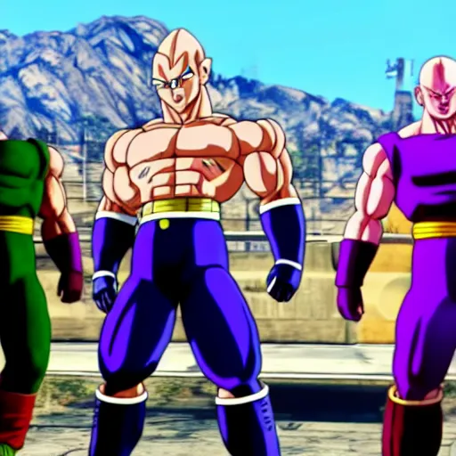 Image similar to Screenshot of Vegeta, Frieza, Cell, Majin Buu and Broly in the game GTA V, highly detailed